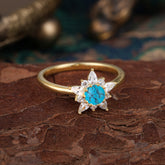 Cluster Lab Grown Turquoise Engagement Ring Round Cut Floral Bridal Ring